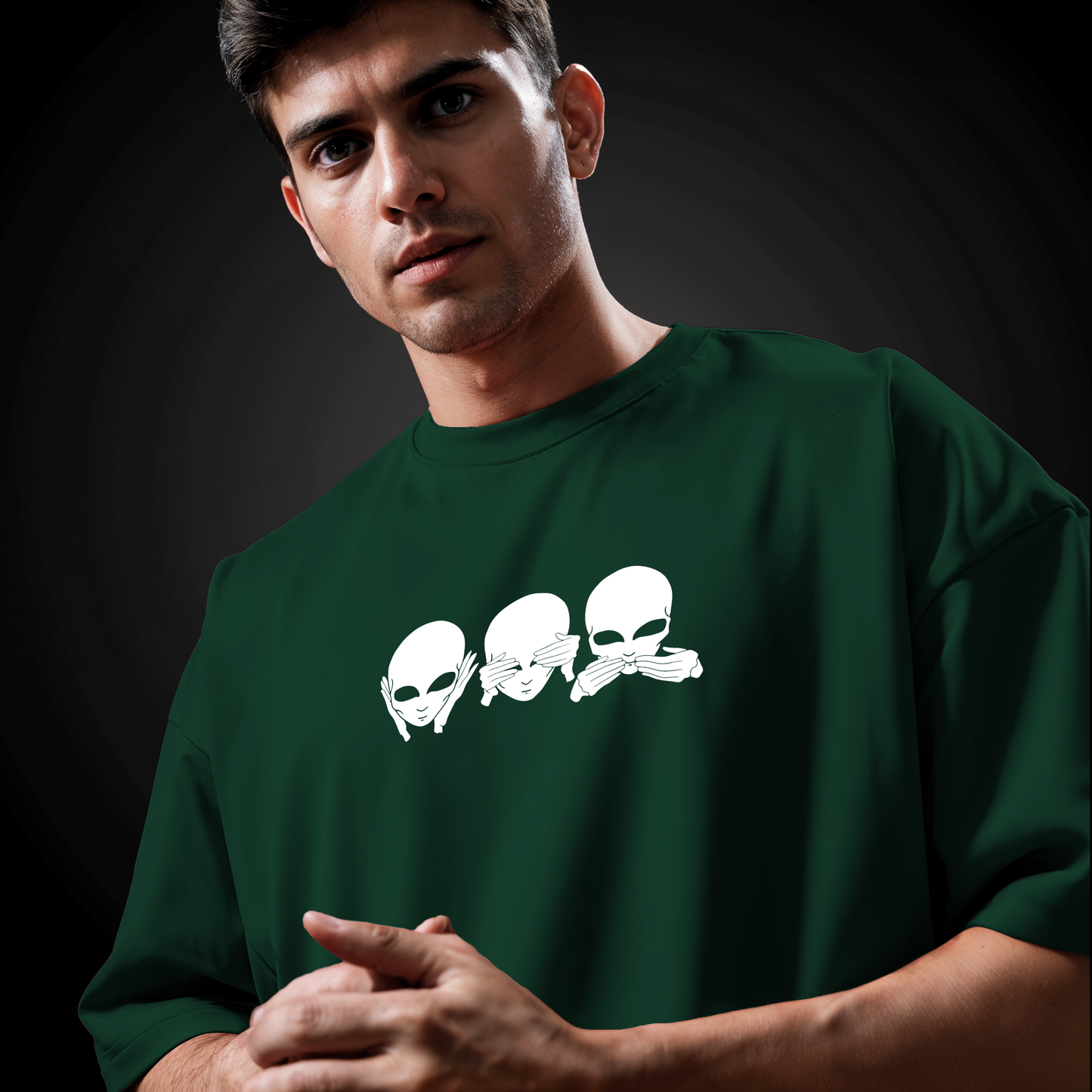 " Three-Wise-Aliens " Printed Over size T-Shirt